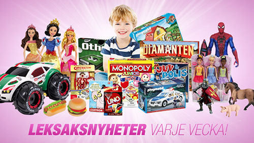 Advertising from a Swedish shop: a boy among all kinds of toys