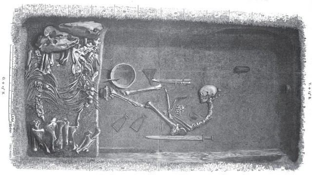 Femme enterrée avec armes et chevaux, sur le site de Birka en Suède